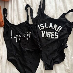 Black Graphic Swimsuits with White Text